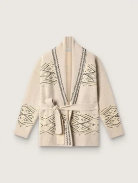 Cardigan femme à ceinture en mélange de laine beige avec broderies contrastées