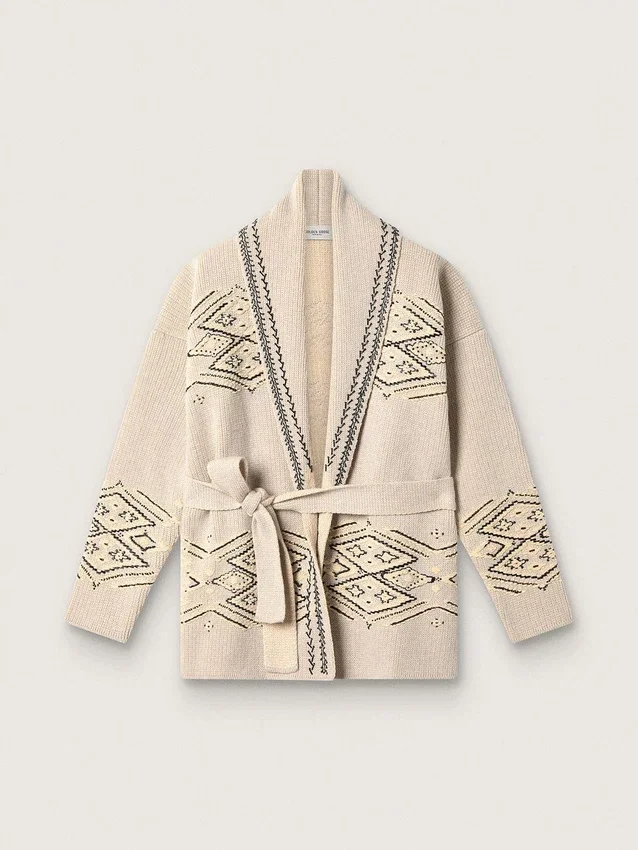 Cardigan femme à ceinture en mélange de laine beige avec broderies contrastées