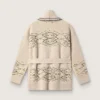 Cardigan femme à ceinture en mélange de laine beige avec broderies contrastées