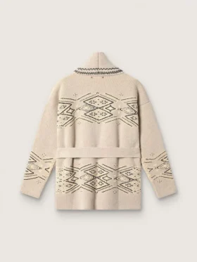 Cardigan femme à ceinture en mélange de laine beige avec broderies contrastées