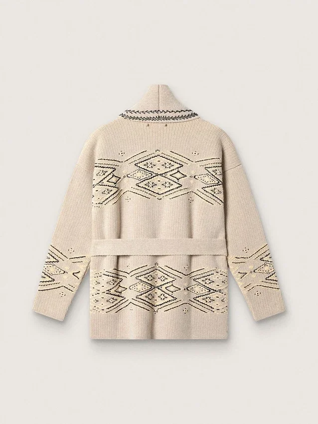 Cardigan femme à ceinture en mélange de laine beige avec broderies contrastées