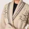 Cardigan femme à ceinture en mélange de laine beige avec broderies contrastées