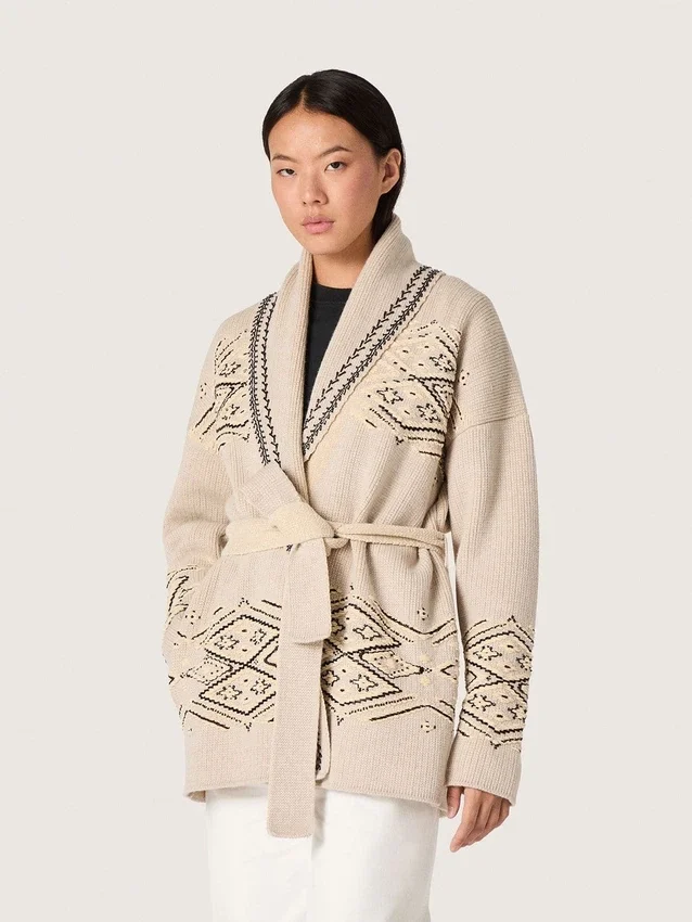 Cardigan femme à ceinture en mélange de laine beige avec broderies contrastées