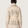 Cardigan femme à ceinture en mélange de laine beige avec broderies contrastées
