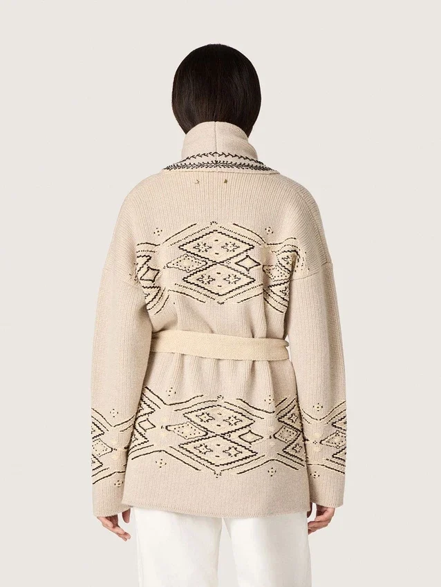Cardigan femme à ceinture en mélange de laine beige avec broderies contrastées