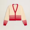 Cardigan femme couleur crème à rayures rouges