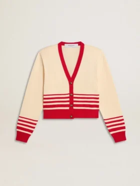 Cardigan femme couleur crème à rayures rouges