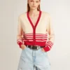 Cardigan femme couleur crème à rayures rouges