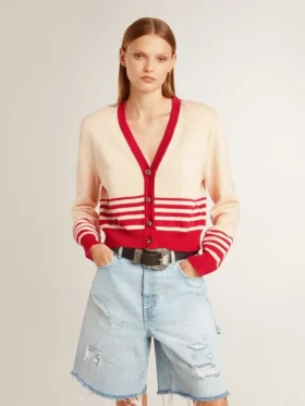 Cardigan femme couleur crème à rayures rouges