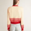 Cardigan femme couleur crème à rayures rouges