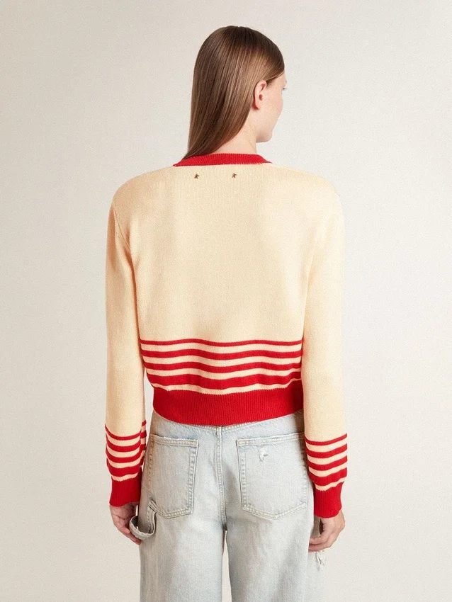 Cardigan femme couleur crème à rayures rouges