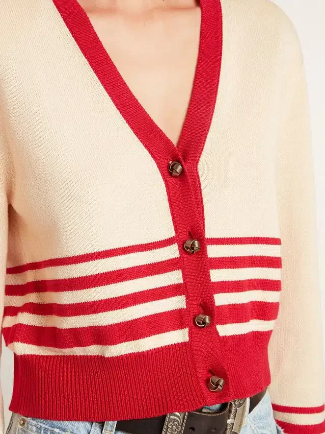 Cardigan femme couleur crème à rayures rouges