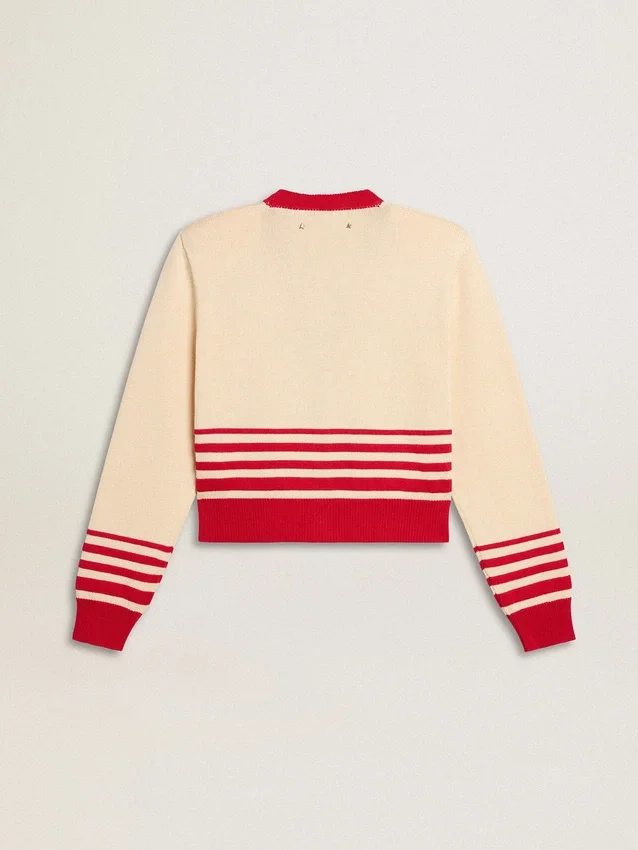 Cardigan femme couleur crème à rayures rouges