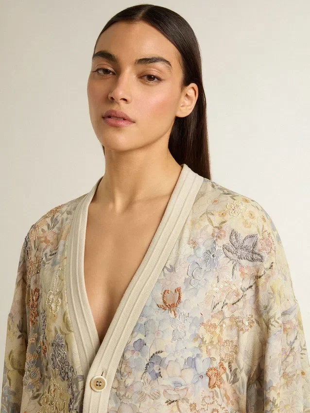 Cardigan femme à imprimé floral et broderies