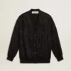 Cardigan noir pour femme avec broderie de perles ton sur ton en toile de Jouy