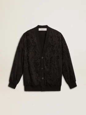 Cardigan noir pour femme avec broderie de perles ton sur ton en toile de Jouy