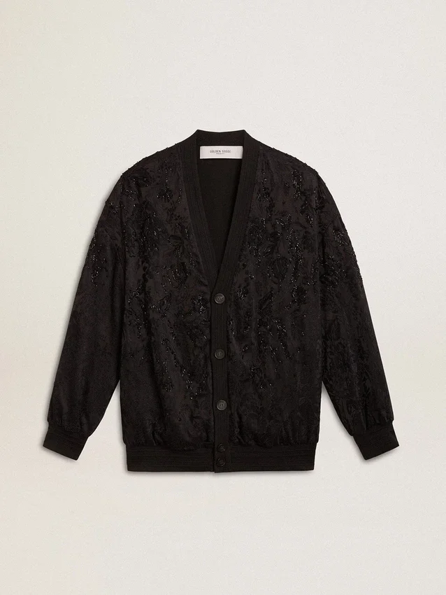 Cardigan noir pour femme avec broderie de perles ton sur ton en toile de Jouy