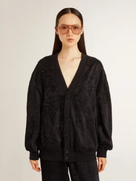 Cardigan noir pour femme avec broderie de perles ton sur ton en toile de Jouy