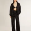Cardigan noir pour femme avec broderie de perles ton sur ton en toile de Jouy