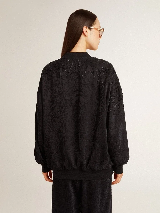 Cardigan noir pour femme avec broderie de perles ton sur ton en toile de Jouy