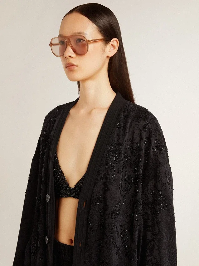 Cardigan noir pour femme avec broderie de perles ton sur ton en toile de Jouy