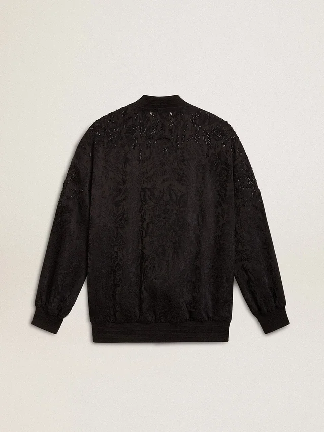 Cardigan noir pour femme avec broderie de perles ton sur ton en toile de Jouy
