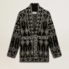 Cardigan noir pour femme avec ceinture et cristaux