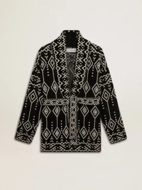 Cardigan noir pour femme avec ceinture et cristaux