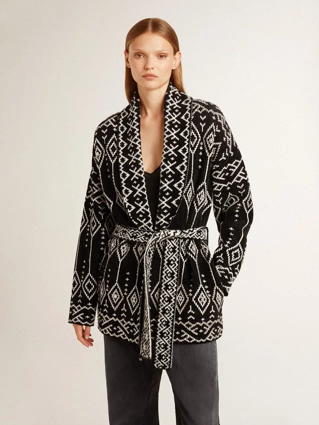 Cardigan noir pour femme avec ceinture et cristaux
