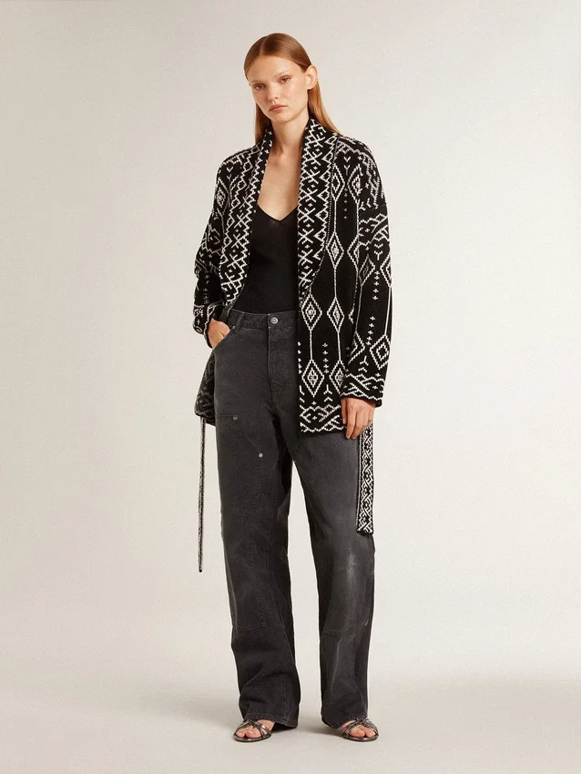 Cardigan noir pour femme avec ceinture et cristaux