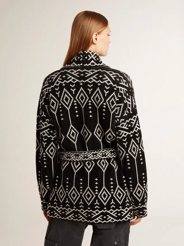 Cardigan noir pour femme avec ceinture et cristaux