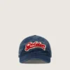 Casquette de baseball bleu denim avec écusson « Golden » en tissu éponge rouge et blanc