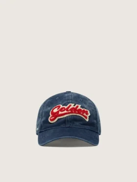 Casquette de baseball bleu denim avec écusson « Golden » en tissu éponge rouge et blanc