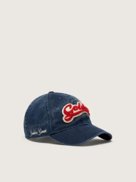 Casquette de baseball bleu denim avec écusson « Golden » en tissu éponge rouge et blanc