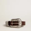 Ceinture en cuir marron foncé pour femme avec boucle argentée décorée