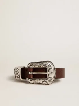 Ceinture en cuir marron foncé pour femme avec boucle argentée décorée