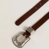 Ceinture en cuir marron foncé pour femme avec boucle argentée décorée