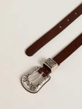 Ceinture en cuir marron foncé pour femme avec boucle argentée décorée