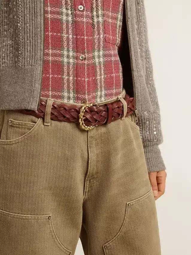 Ceinture en cuir tressé bordeaux pour femme