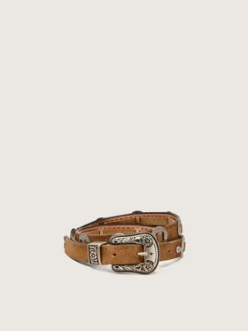 Ceinture fine en dentelle de nubuck couleur noisette avec incrustations décoratives
