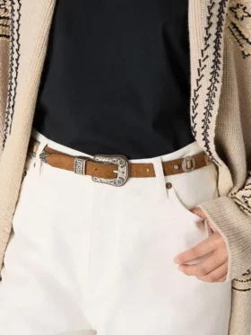Ceinture fine en dentelle de nubuck couleur noisette avec incrustations décoratives