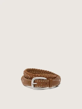 Ceinture Houston en cuir tressé kaki avec clous argentés