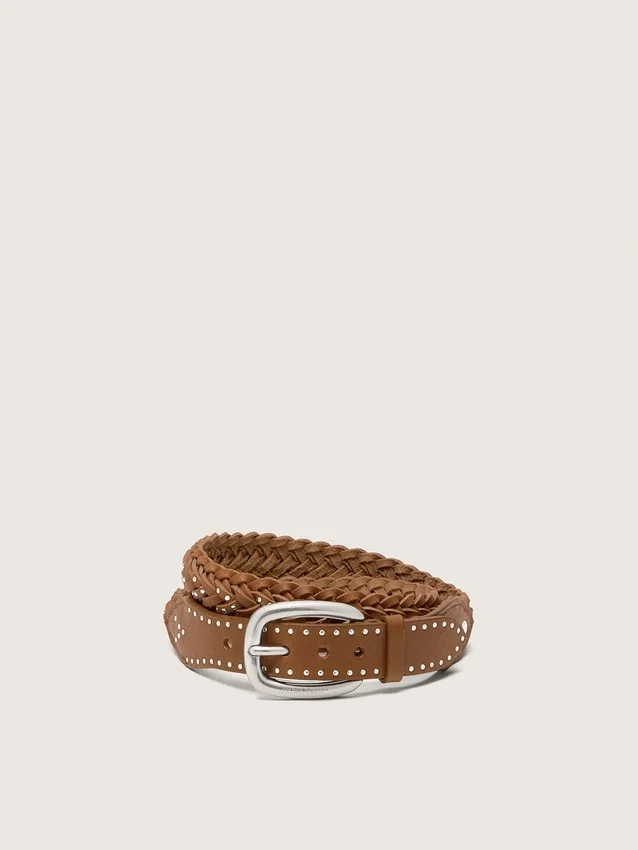 Ceinture Houston en cuir tressé kaki avec clous argentés