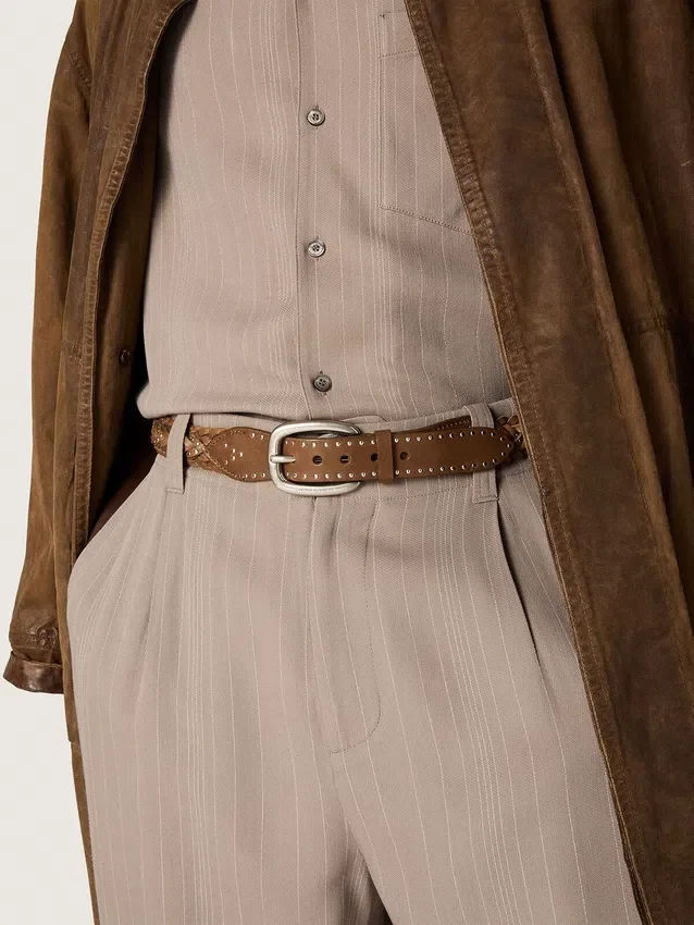 Ceinture Houston en cuir tressé kaki avec clous argentés