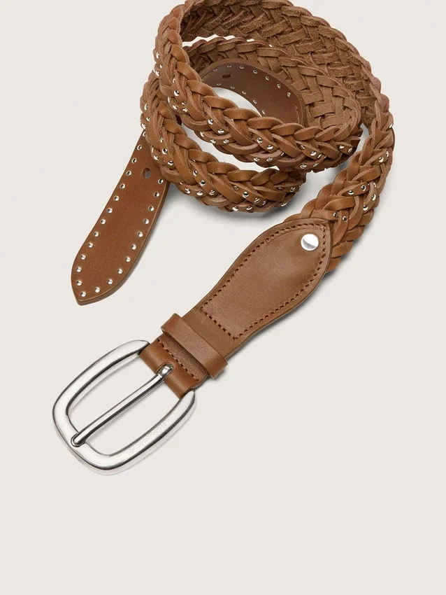 Ceinture Houston en cuir tressé kaki avec clous argentés