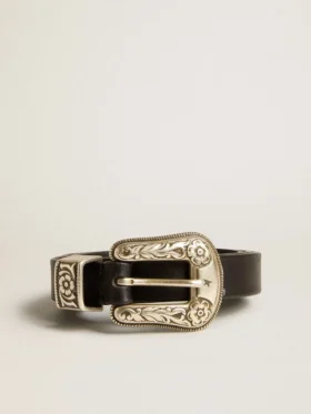 Ceinture noire en cuir délavé avec boucle argentée