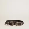 Ceinture noire en cuir délavé avec double boucle argentée