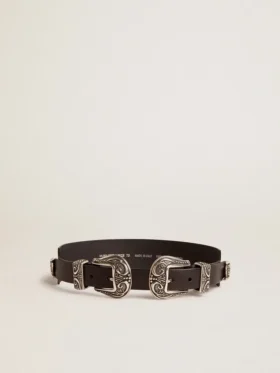 Ceinture noire en cuir délavé avec double boucle argentée