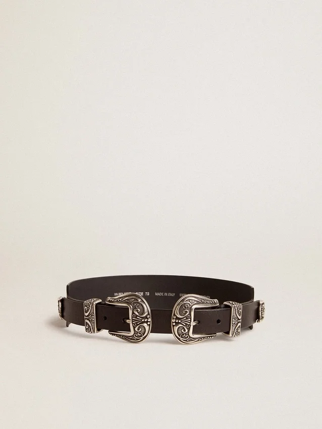 Ceinture noire en cuir délavé avec double boucle argentée