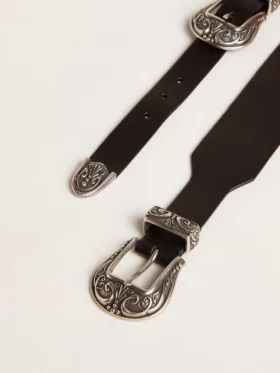 Ceinture noire en cuir délavé avec double boucle argentée